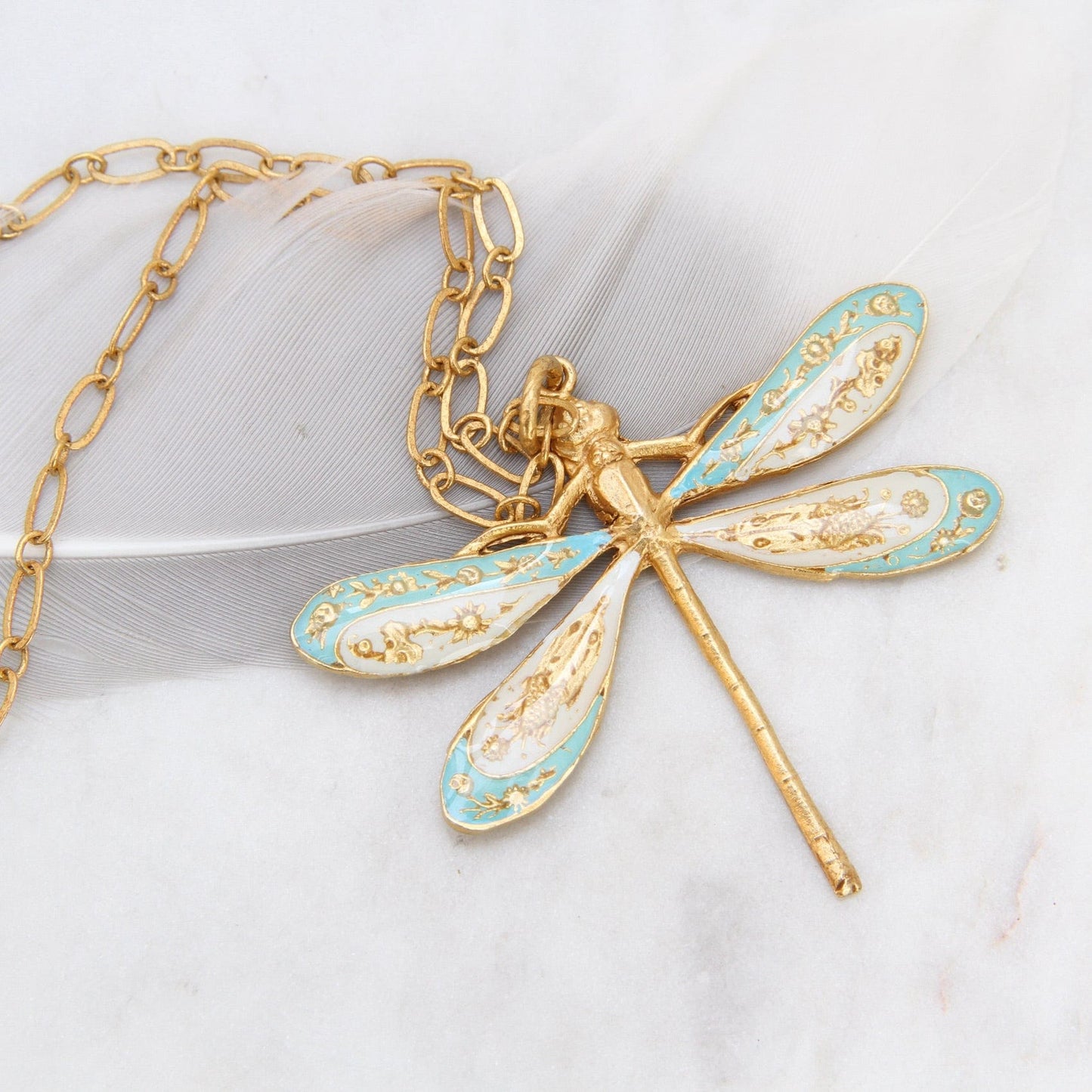 Enamel Dragonfly Necklace in Light Blue & White
