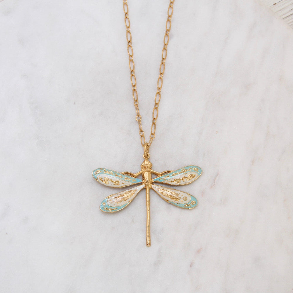 NKL-JM Enamel Dragonfly Necklace- Light Blue & White