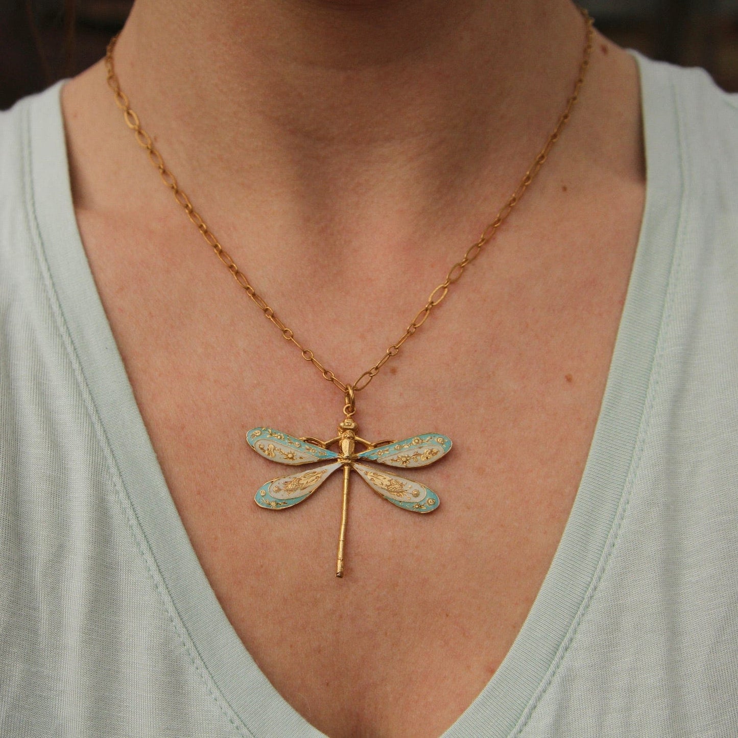 Enamel Dragonfly Necklace in Light Blue & White