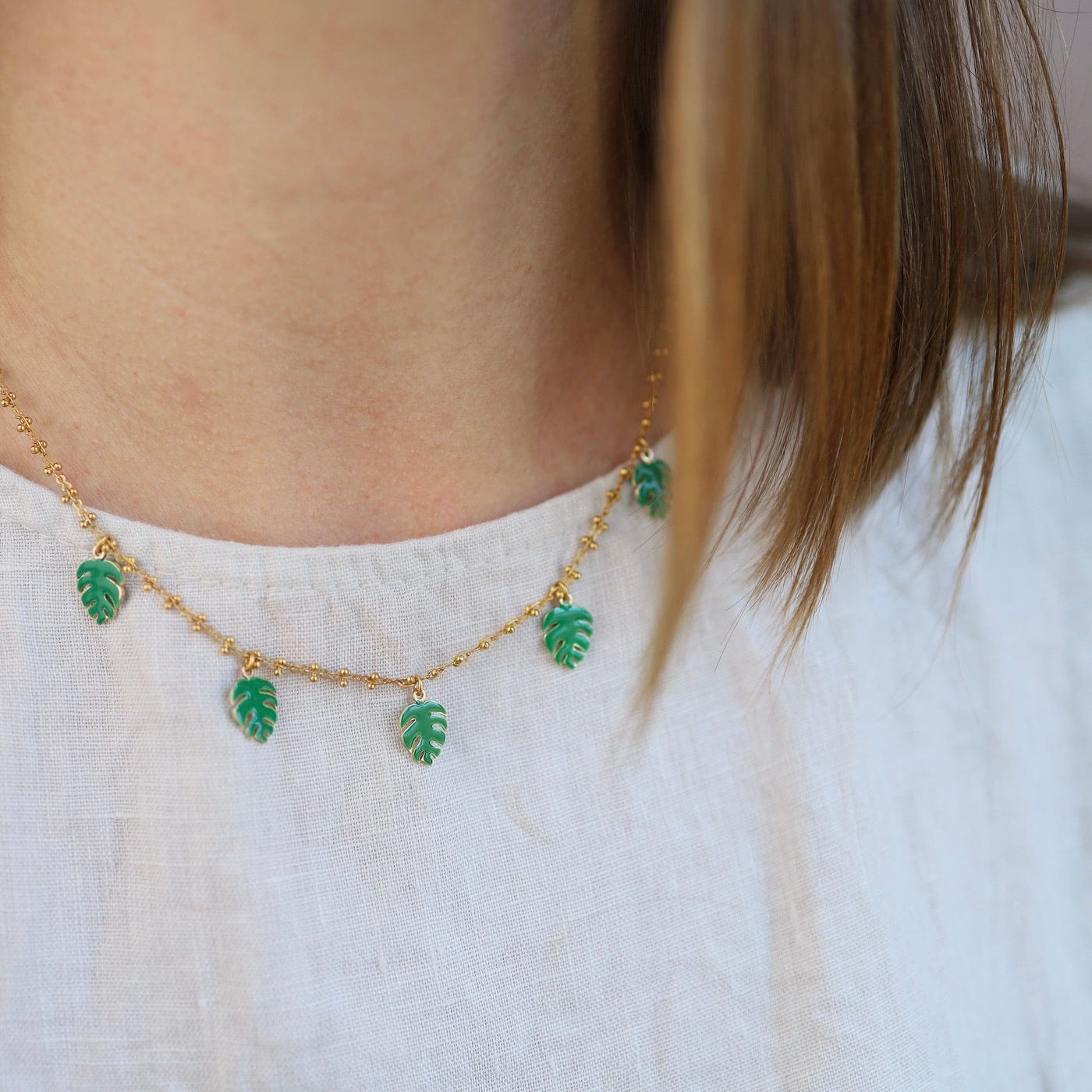 NKL-JM Enamel Frond Necklace - Green