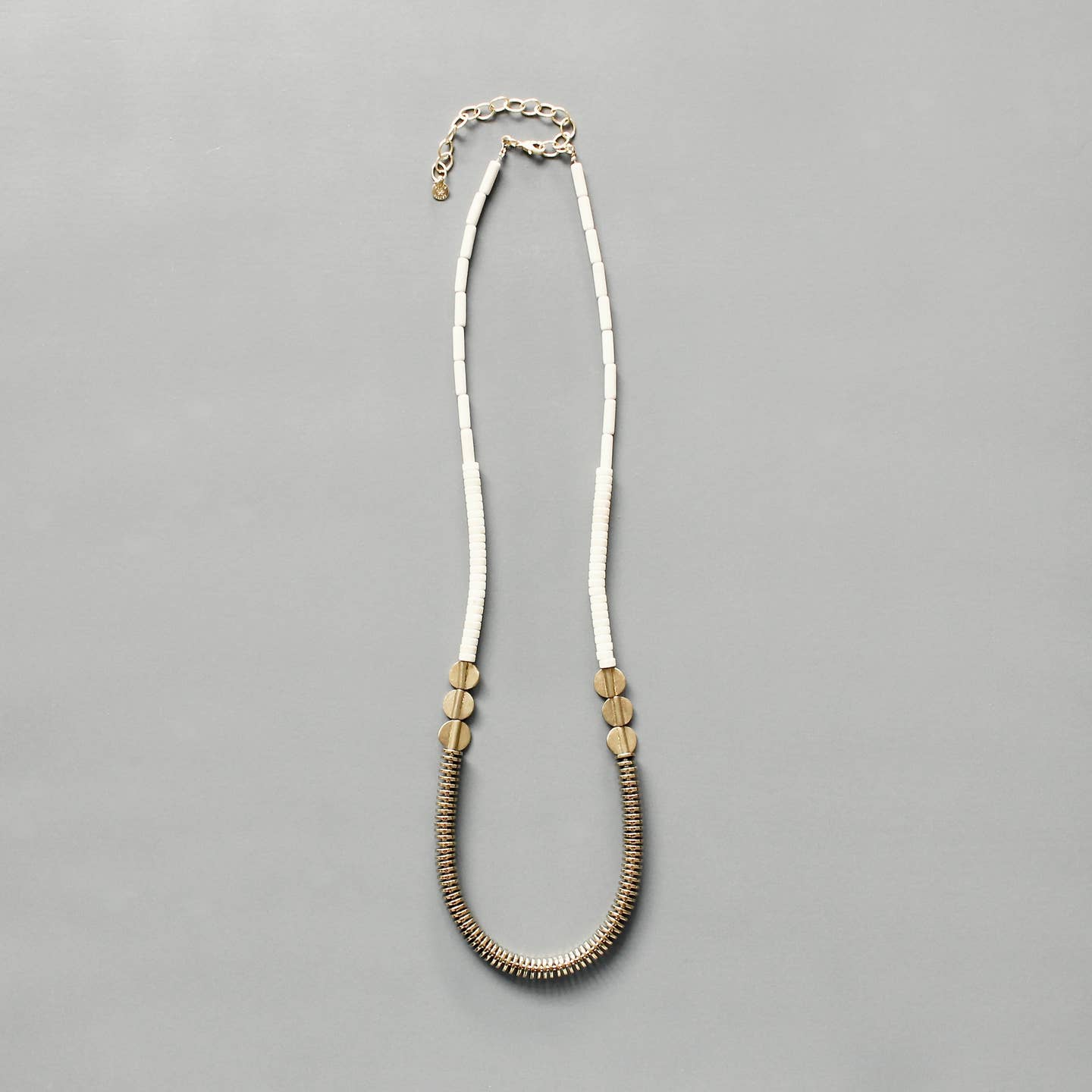 NKL-JM Gold Hematite and White Disc Long Beaded Necklace