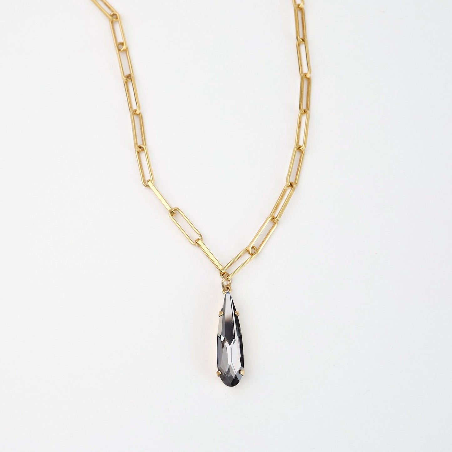 NKL-JM Gold Plate Oval Link Chain with Single Crystal Teardrop