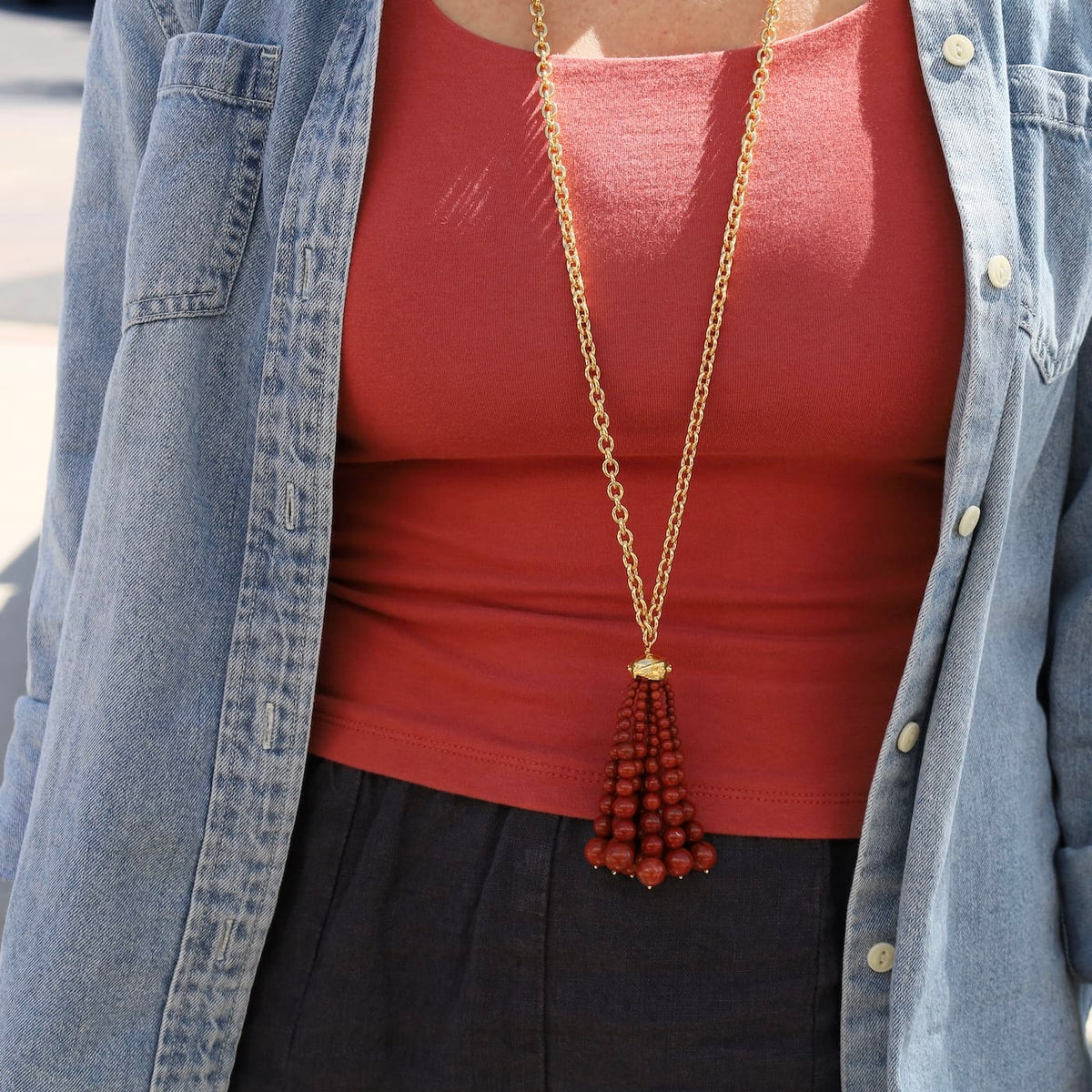 NKL-JM Gold Plated Brass Red Jasper Tassle Long Necklace