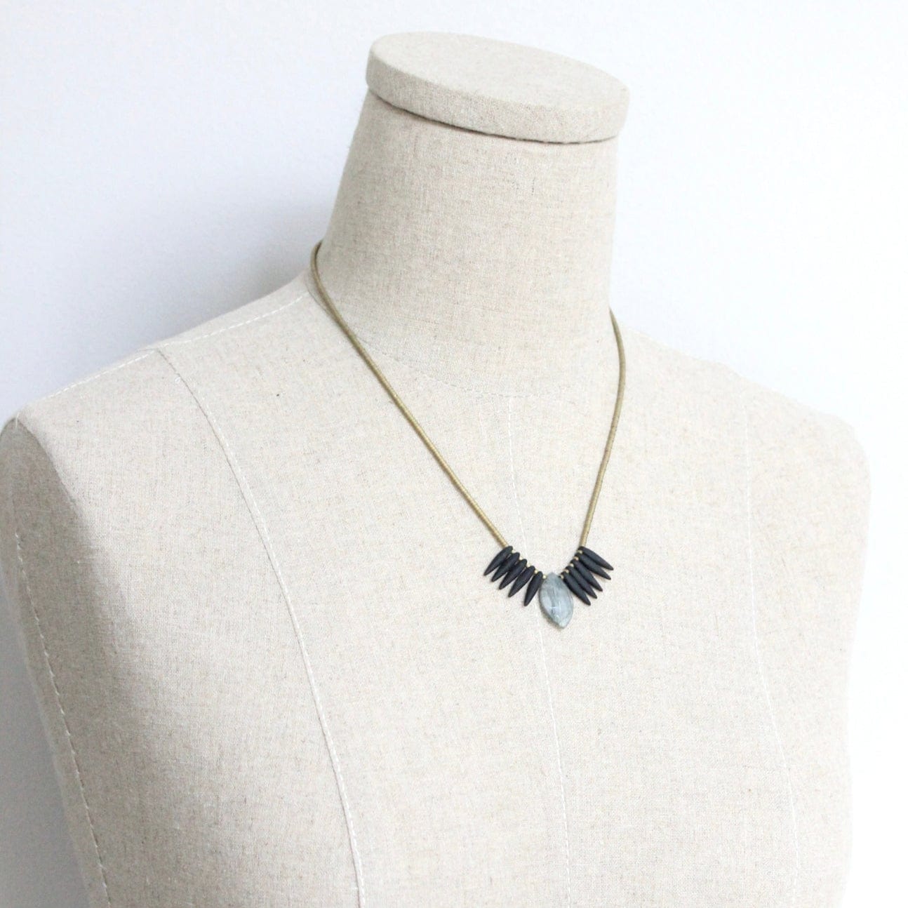 NKL-JM Gray Moonstone and Black Glass Fringe Necklace