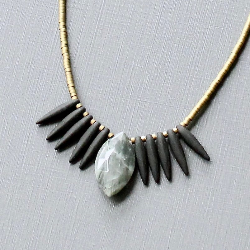 NKL-JM Gray Moonstone and Black Glass Fringe Necklace
