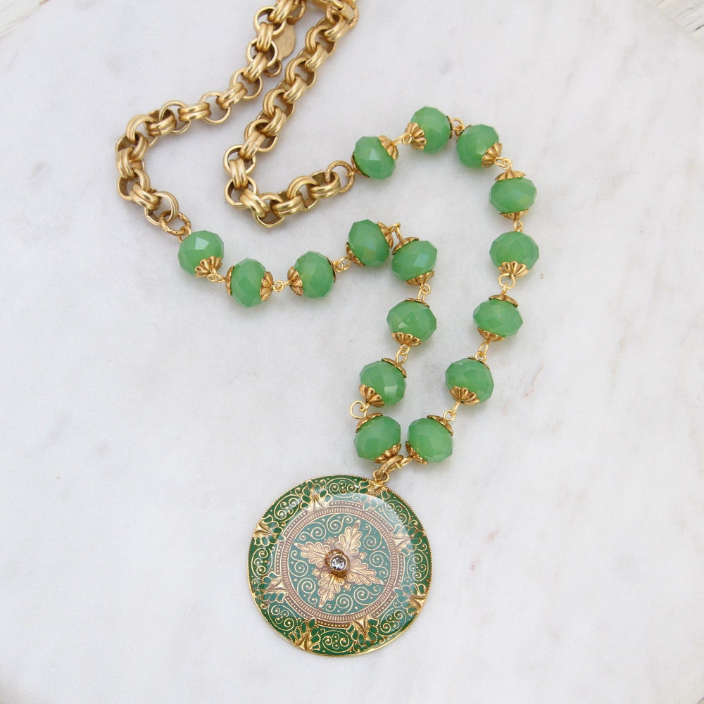 NKL-JM Green Enamel Madallion on Bead Chain - Gold Plate