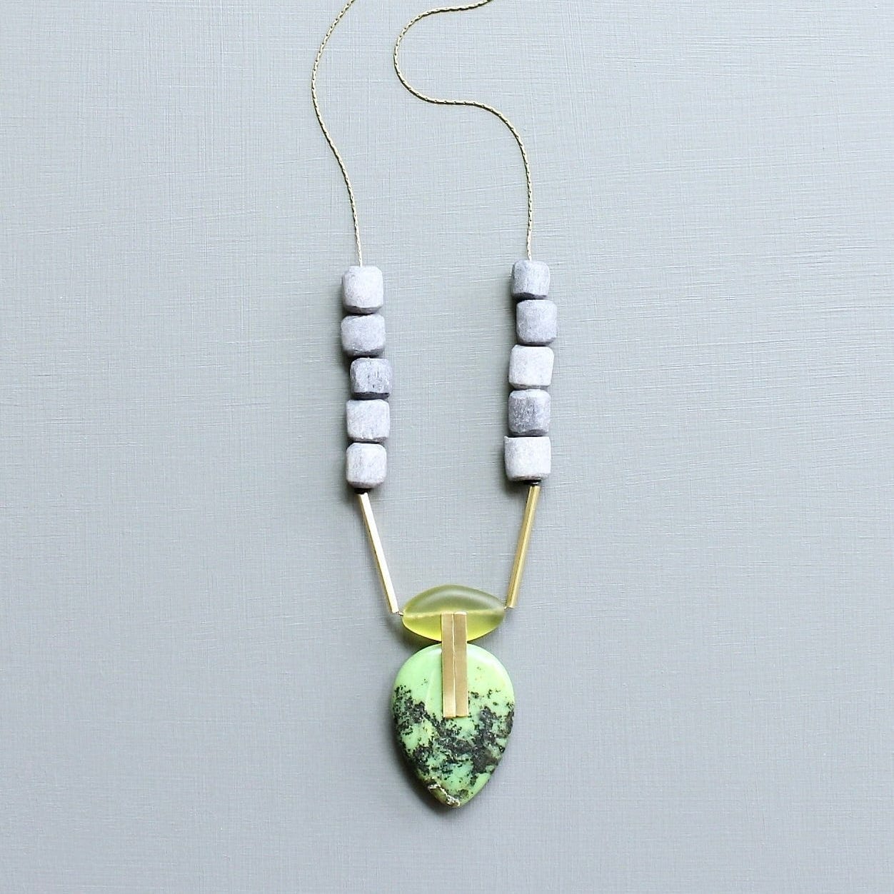 NKL-JM Green Jasper and Glass Geometric Pendant Necklace