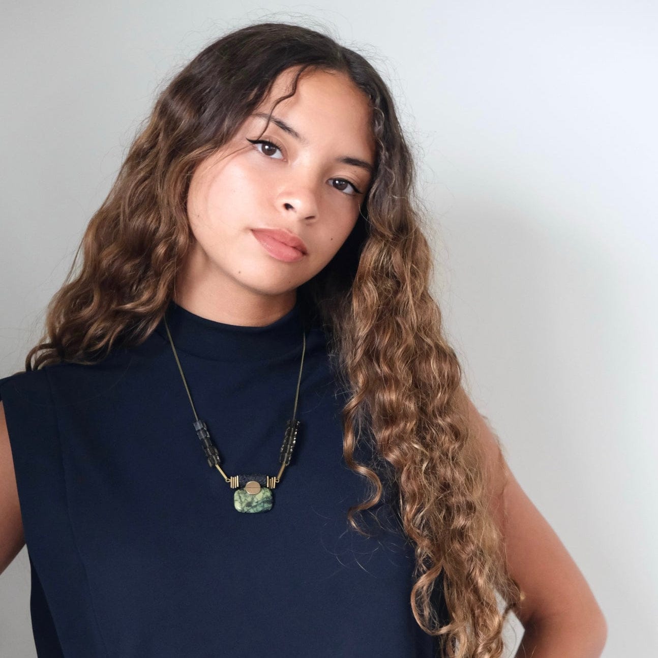 NKL-JM Green Jasper Art Deco Pendant Necklace