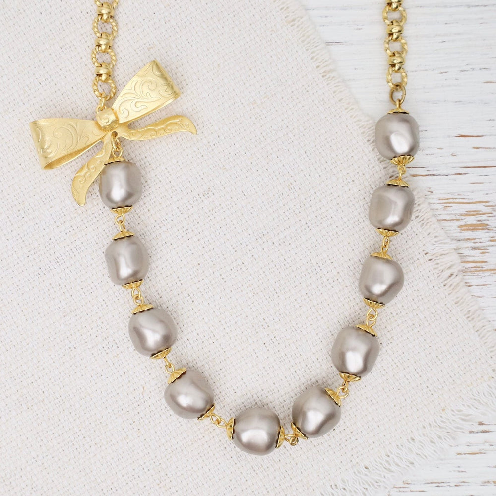 NKL-JM Grey Glass Pearl and Bow Necklace