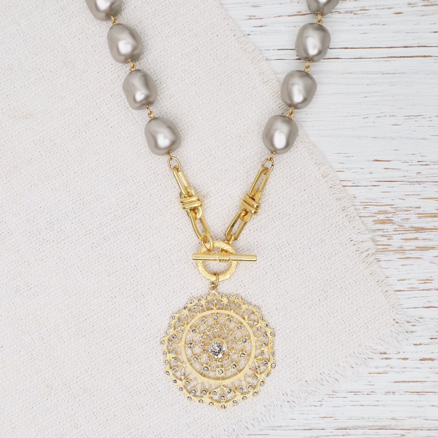 NKL-JM Grey Glass Pearl Necklace with Crystal Medallion