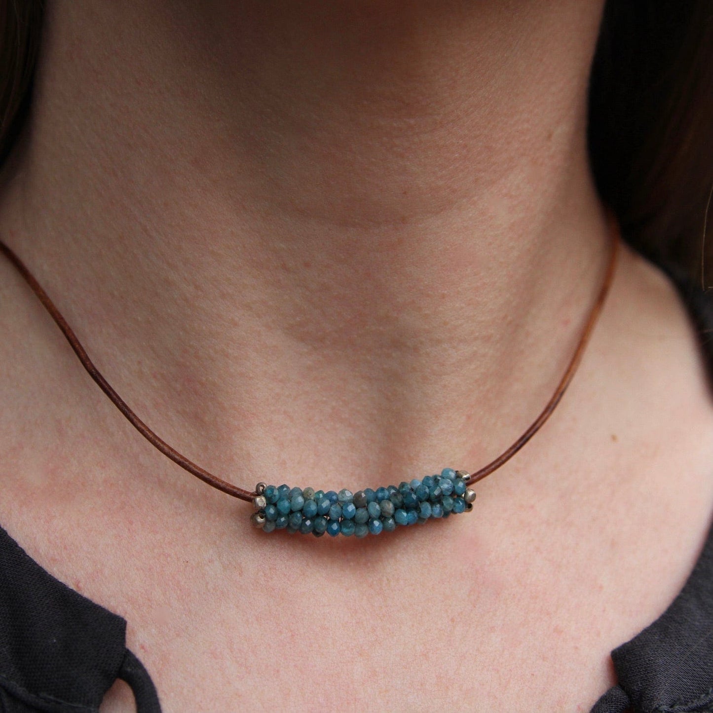 NKL-JM Hand Stitched Apatite Leather Necklace