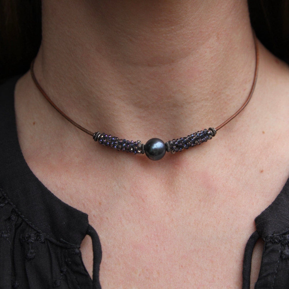 NKL-JM Hand Stitched Crystals & Peacock Pearl Leather Necklace