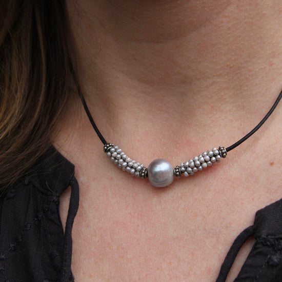 NKL-JM Hand Stitched Grey Pearl Leather Necklace