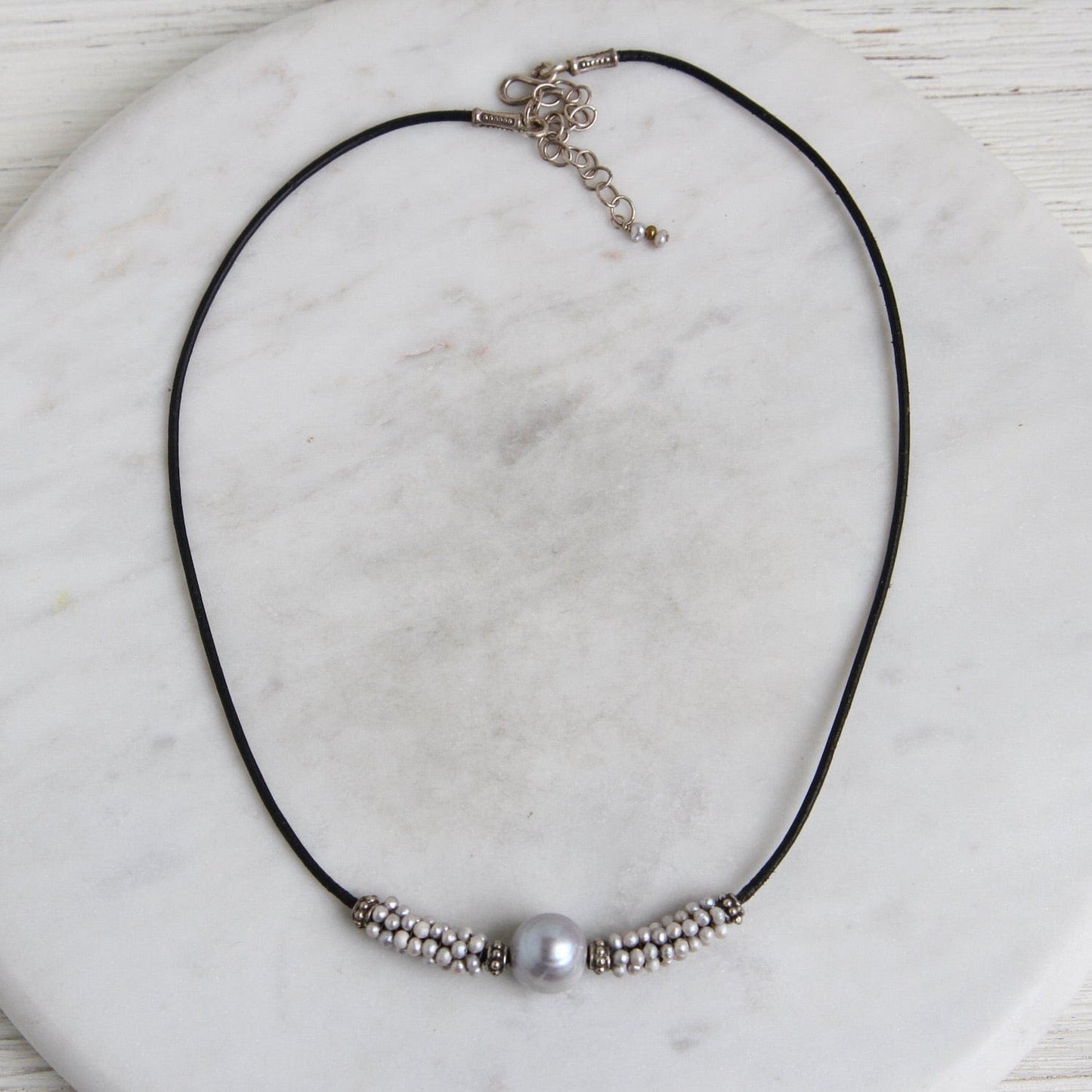 NKL-JM Hand Stitched Grey Pearl Leather Necklace