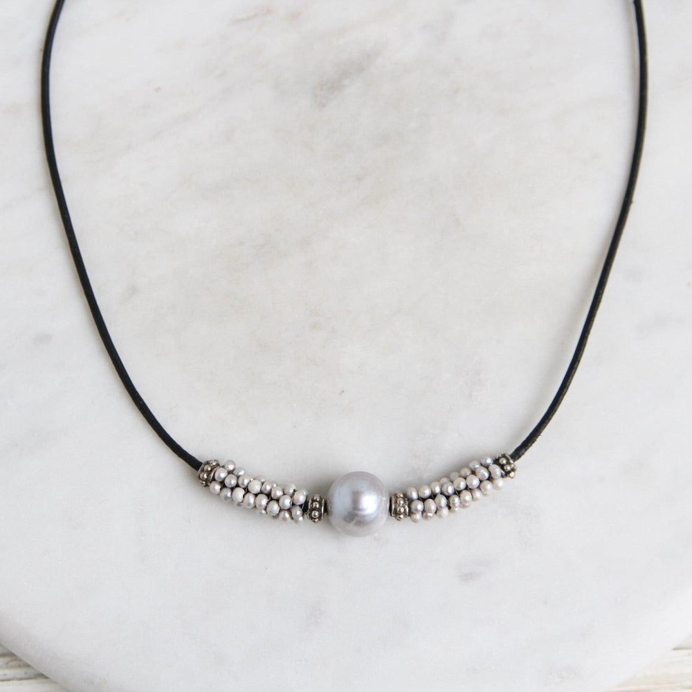 NKL-JM Hand Stitched Grey Pearl Leather Necklace