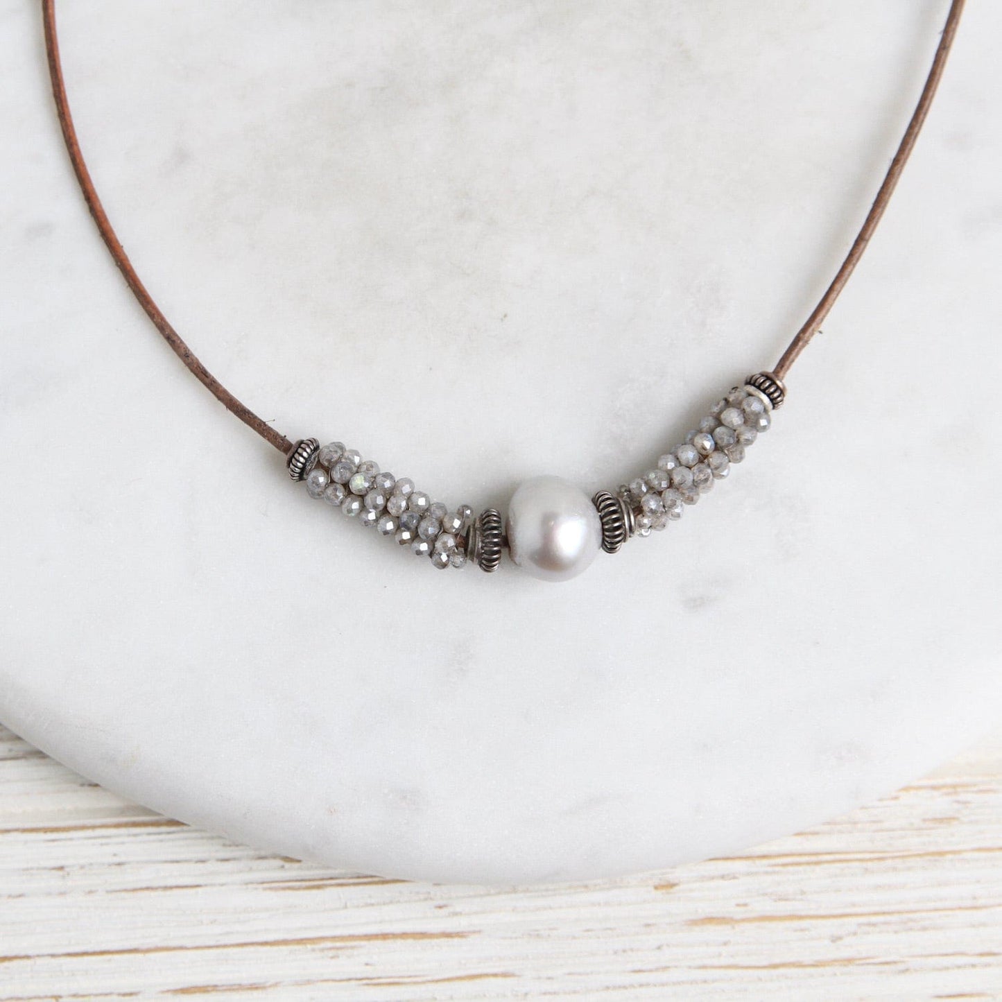 NKL-JM Hand Stitched Labradorite & Pearl Leather Necklace