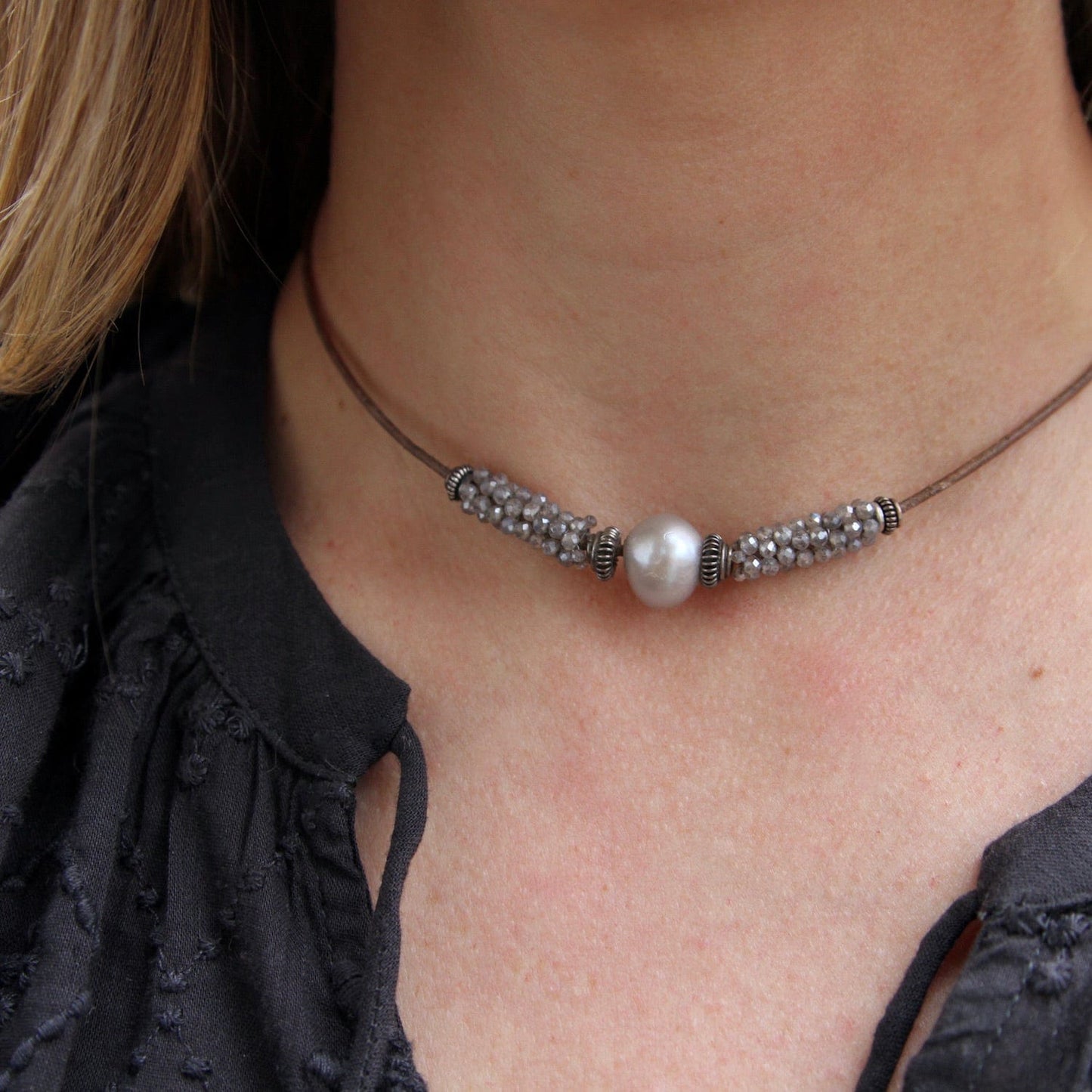 NKL-JM Hand Stitched Labradorite & Pearl Leather Necklace