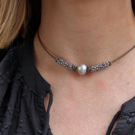 Load image into Gallery viewer, NKL-JM Hand Stitched Labradorite &amp;amp; Pearl Leather Necklace

