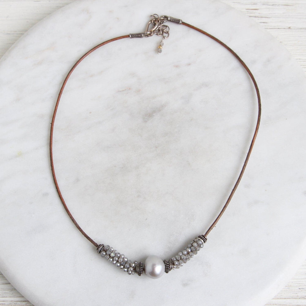 
                  
                    NKL-JM Hand Stitched Labradorite & Pearl Leather Necklace
                  
                