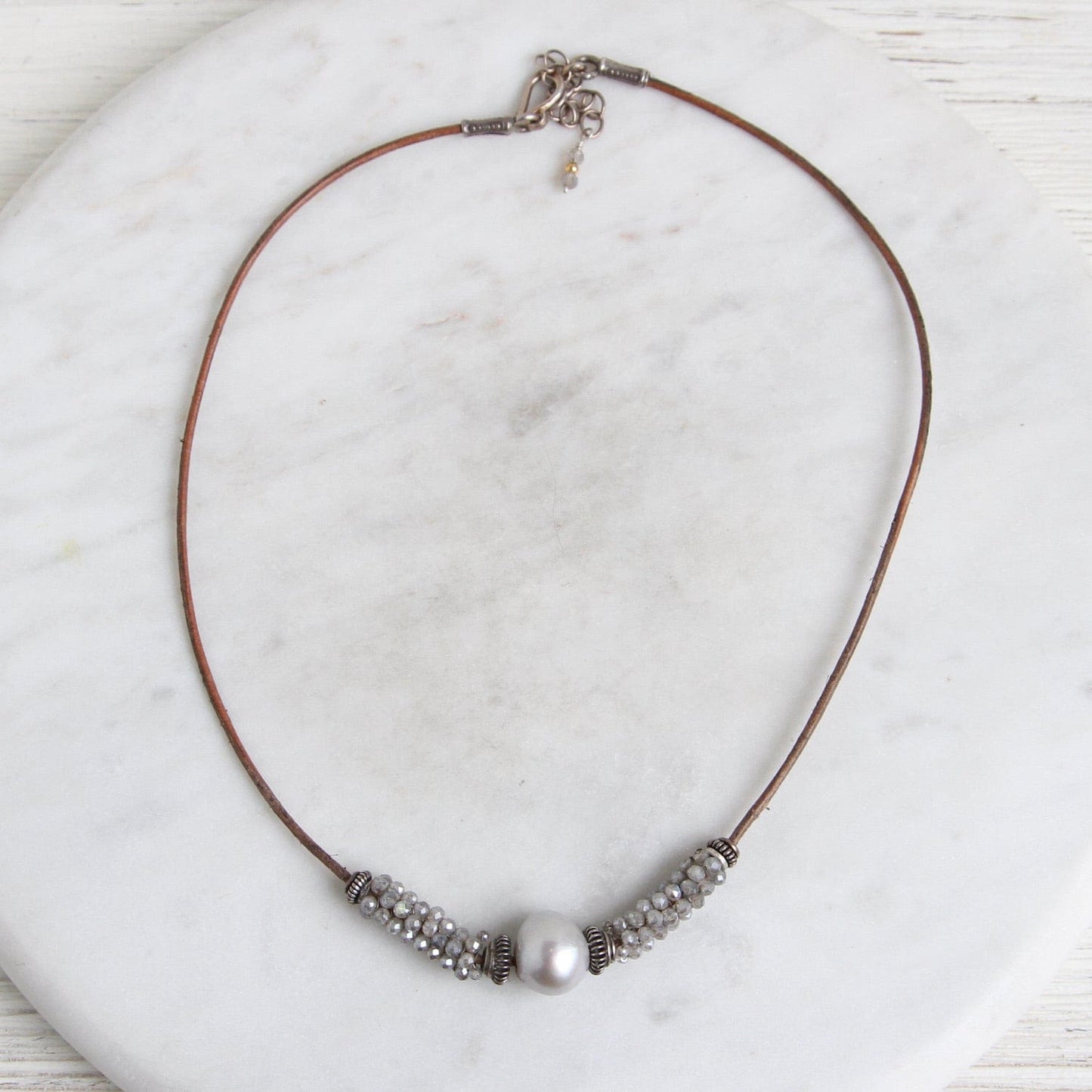 NKL-JM Hand Stitched Labradorite & Pearl Leather Necklace
