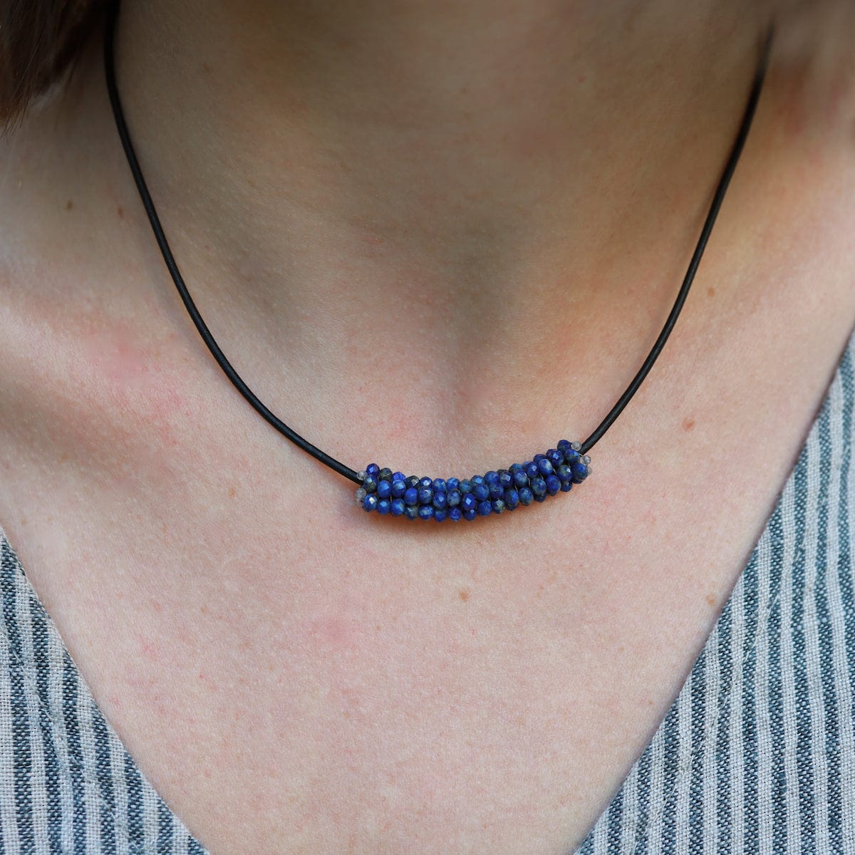 NKL-JM Hand Stitched Lapis with Silver Trim Necklace