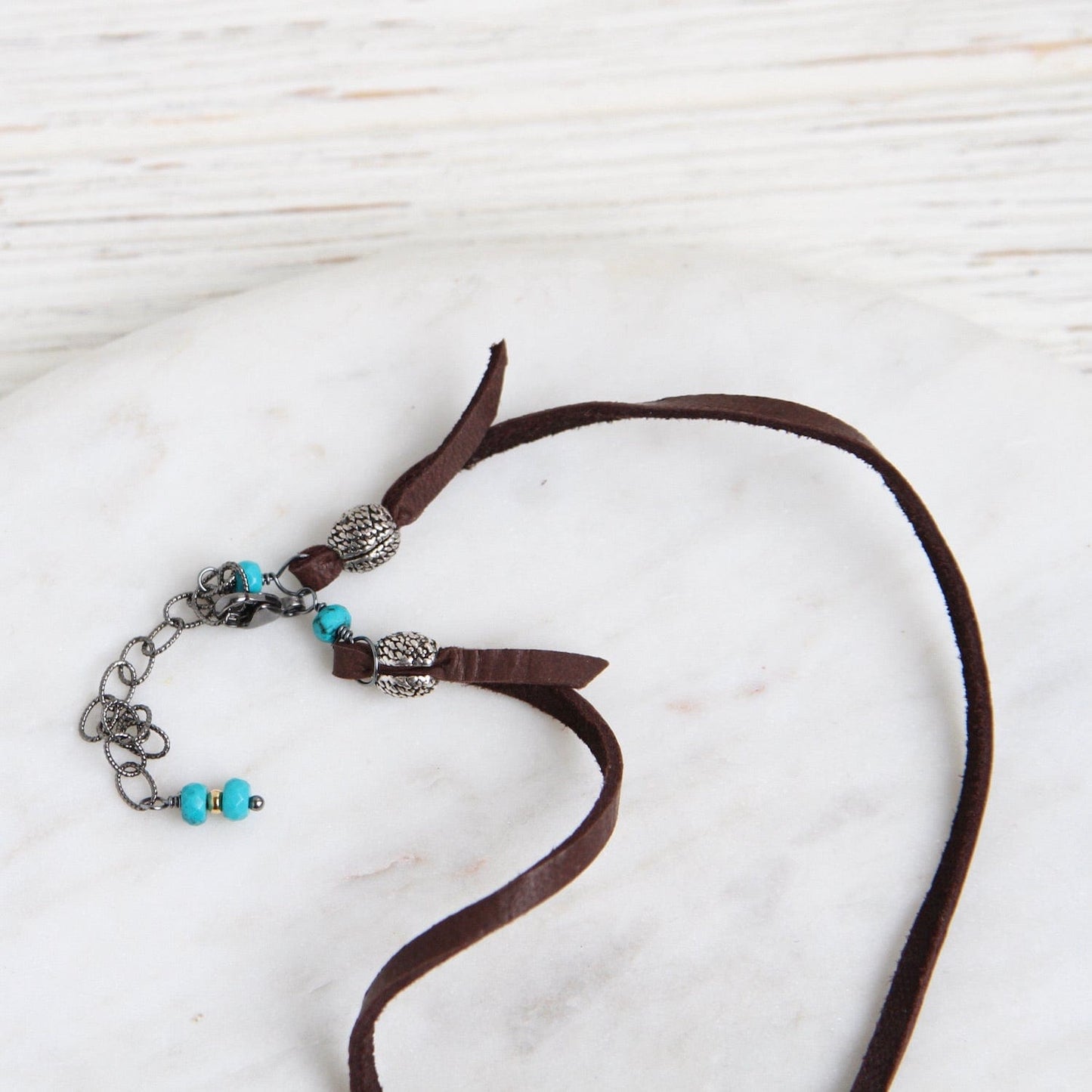 NKL-JM Hand Stitched Large Multi Color Turquoise Suede Necklace