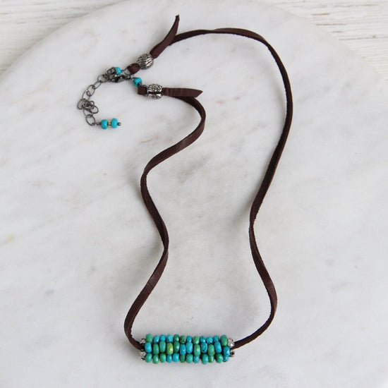 NKL-JM Hand Stitched Large Multi Color Turquoise Suede Necklace
