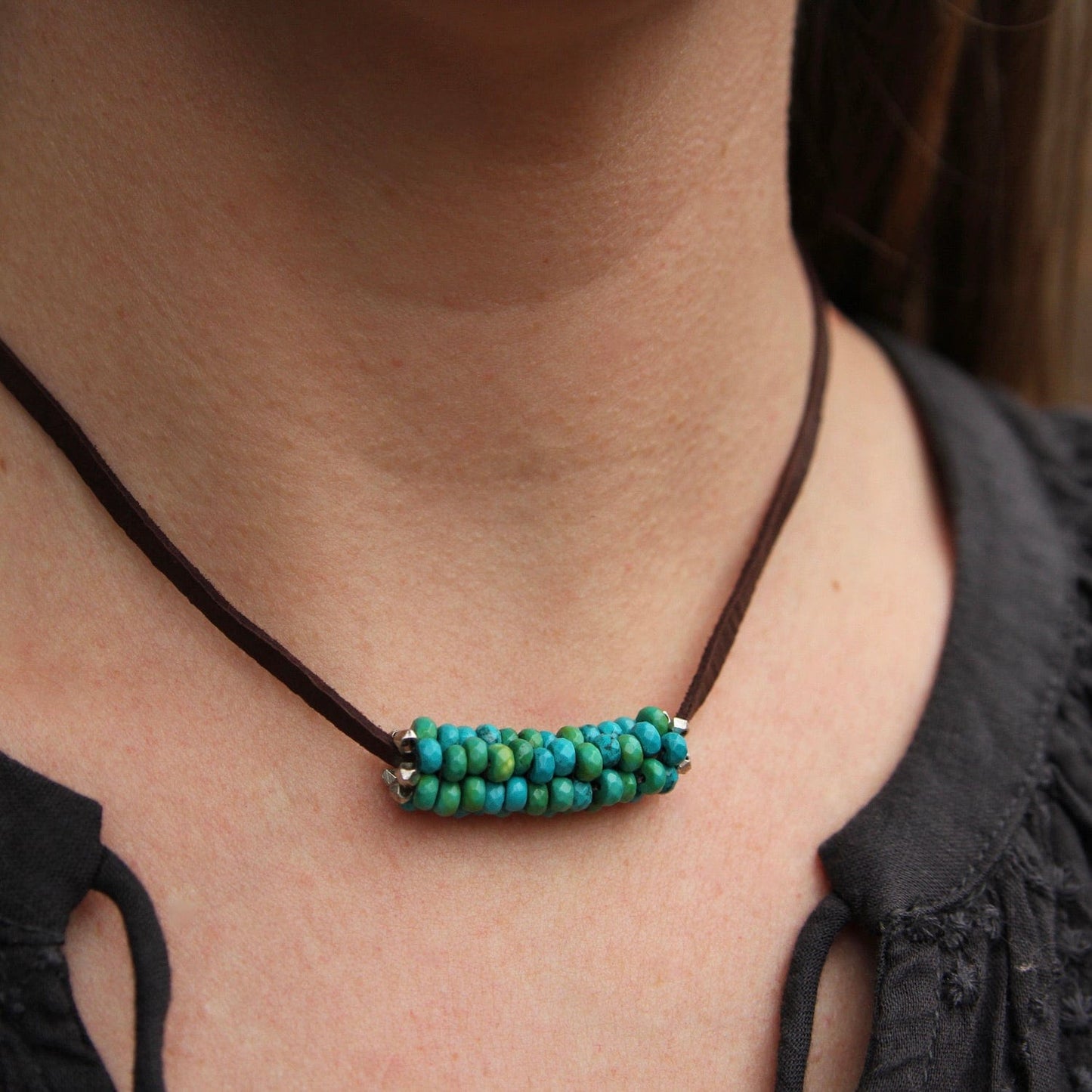 NKL-JM Hand Stitched Large Multi Color Turquoise Suede Necklace