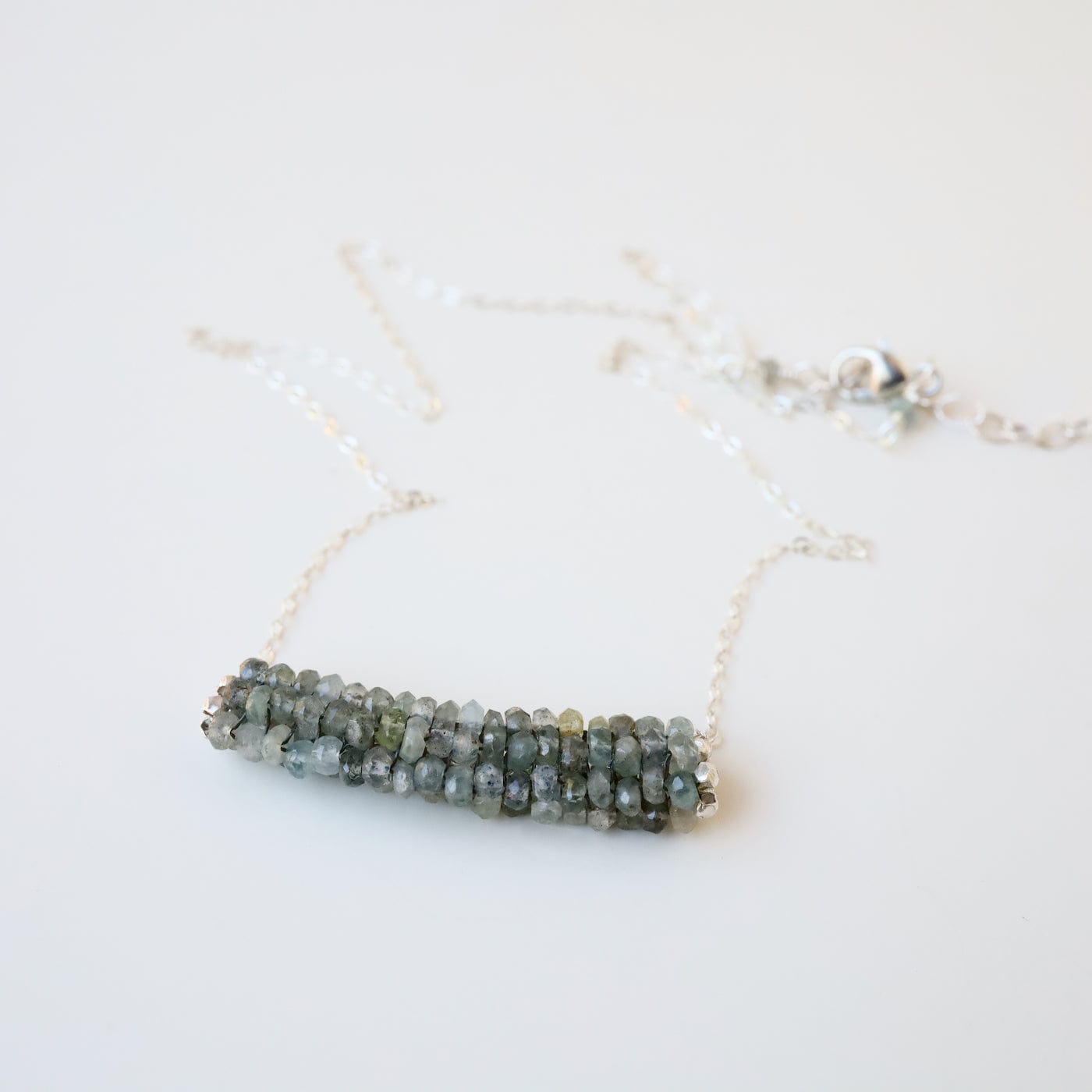 NKL-JM Hand Stitched Moss Aquamarine Necklace with Silver Trim