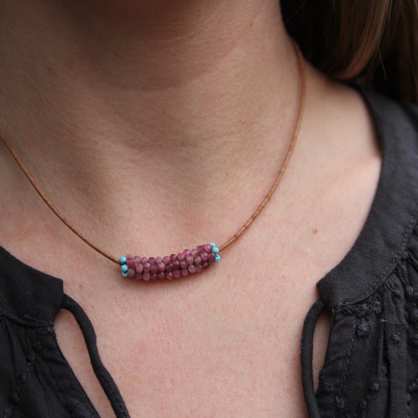 NKL-JM Hand Stitched Pink Tourmaline & Tiny Turquoise Trim Leather Necklace