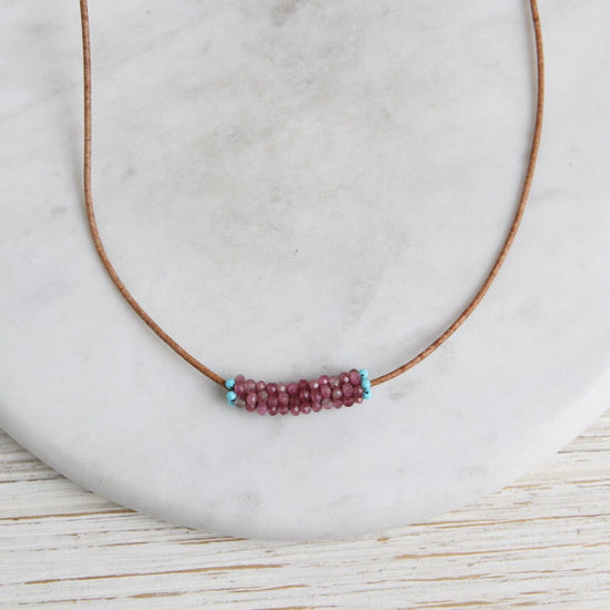 NKL-JM Hand Stitched Pink Tourmaline & Tiny Turquoise Trim Leather Necklace
