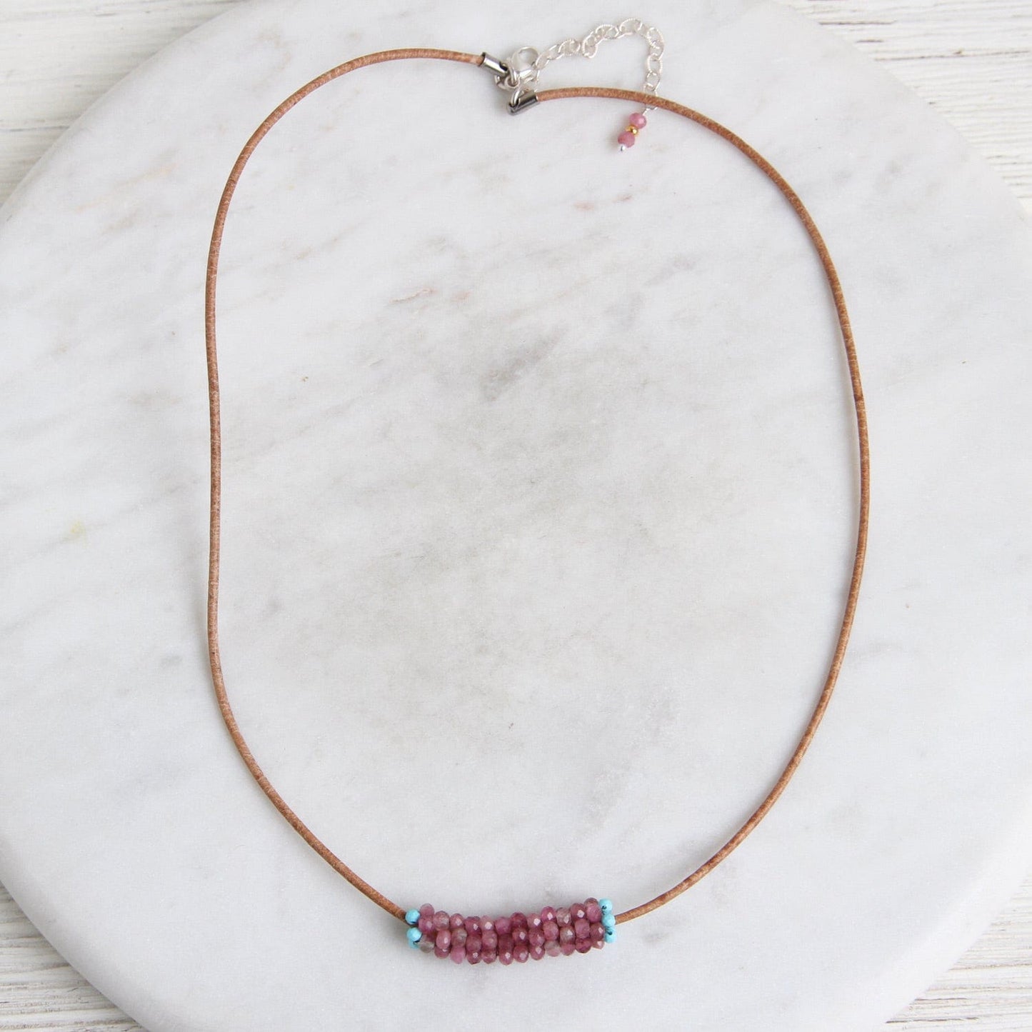 NKL-JM Hand Stitched Pink Tourmaline & Tiny Turquoise Trim Leather Necklace