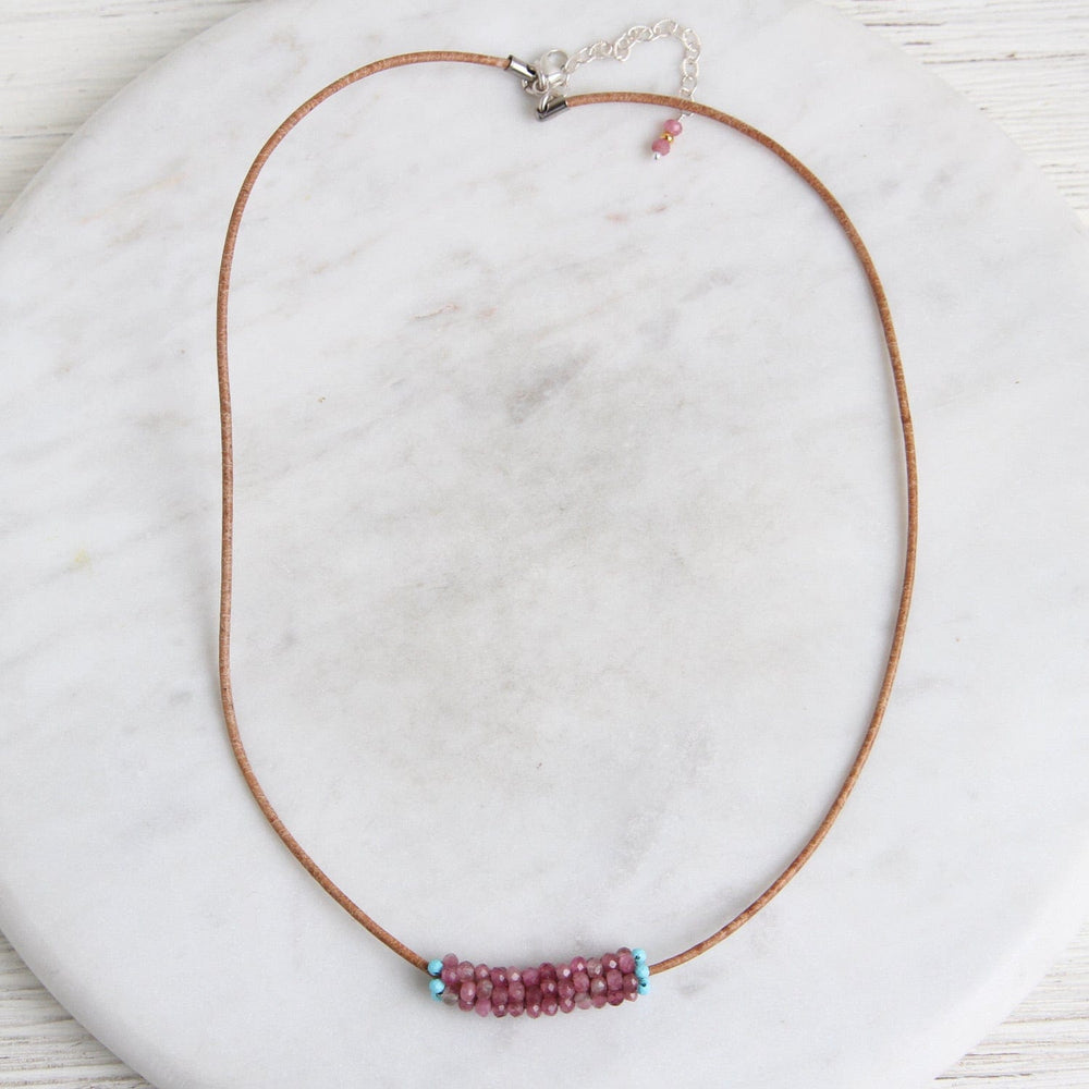 
                  
                    NKL-JM Hand Stitched Pink Tourmaline & Tiny Turquoise Trim Leather Necklace
                  
                