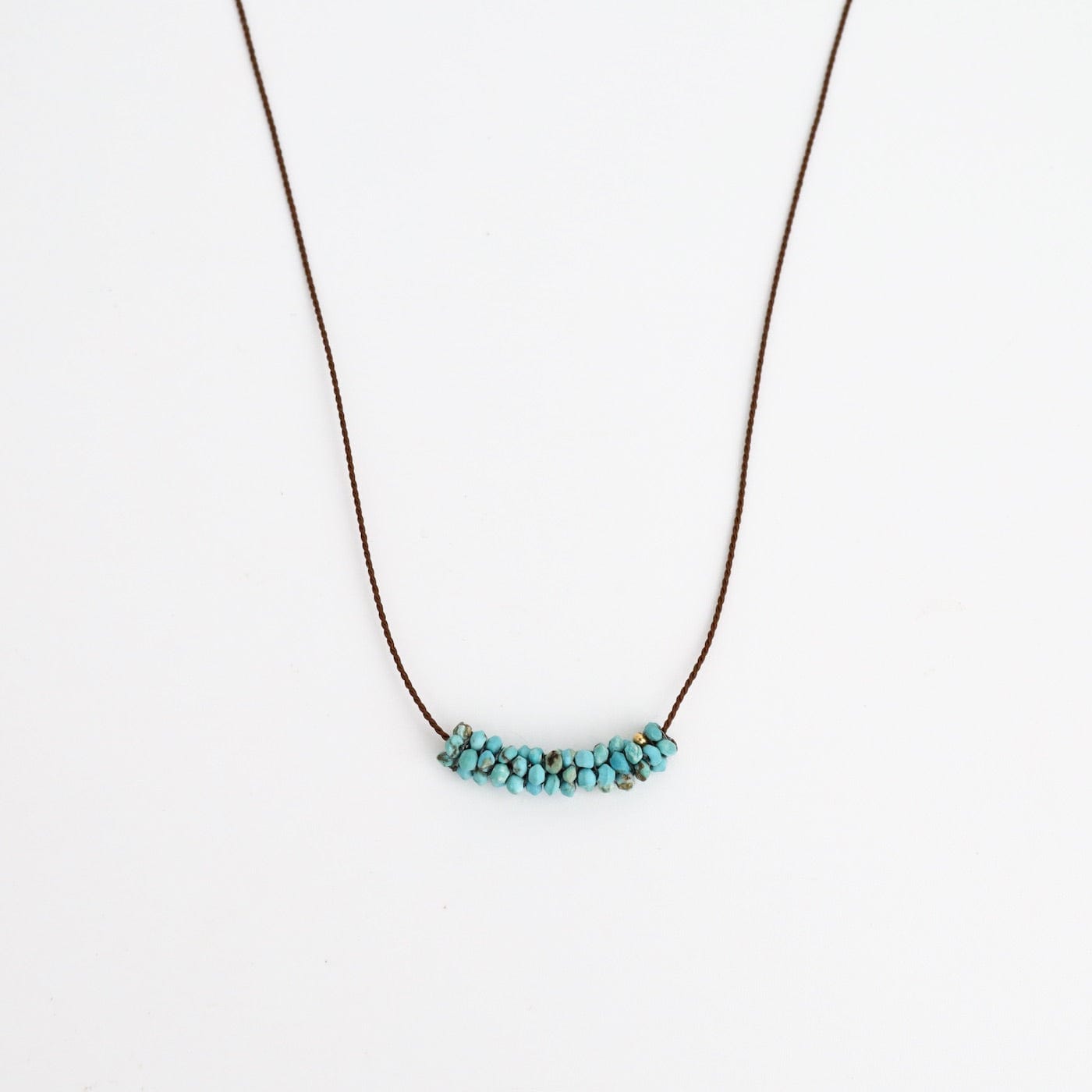 NKL-JM Hand Stitched Tiny Turquoise On Dark Brown Silk Cord Necklace