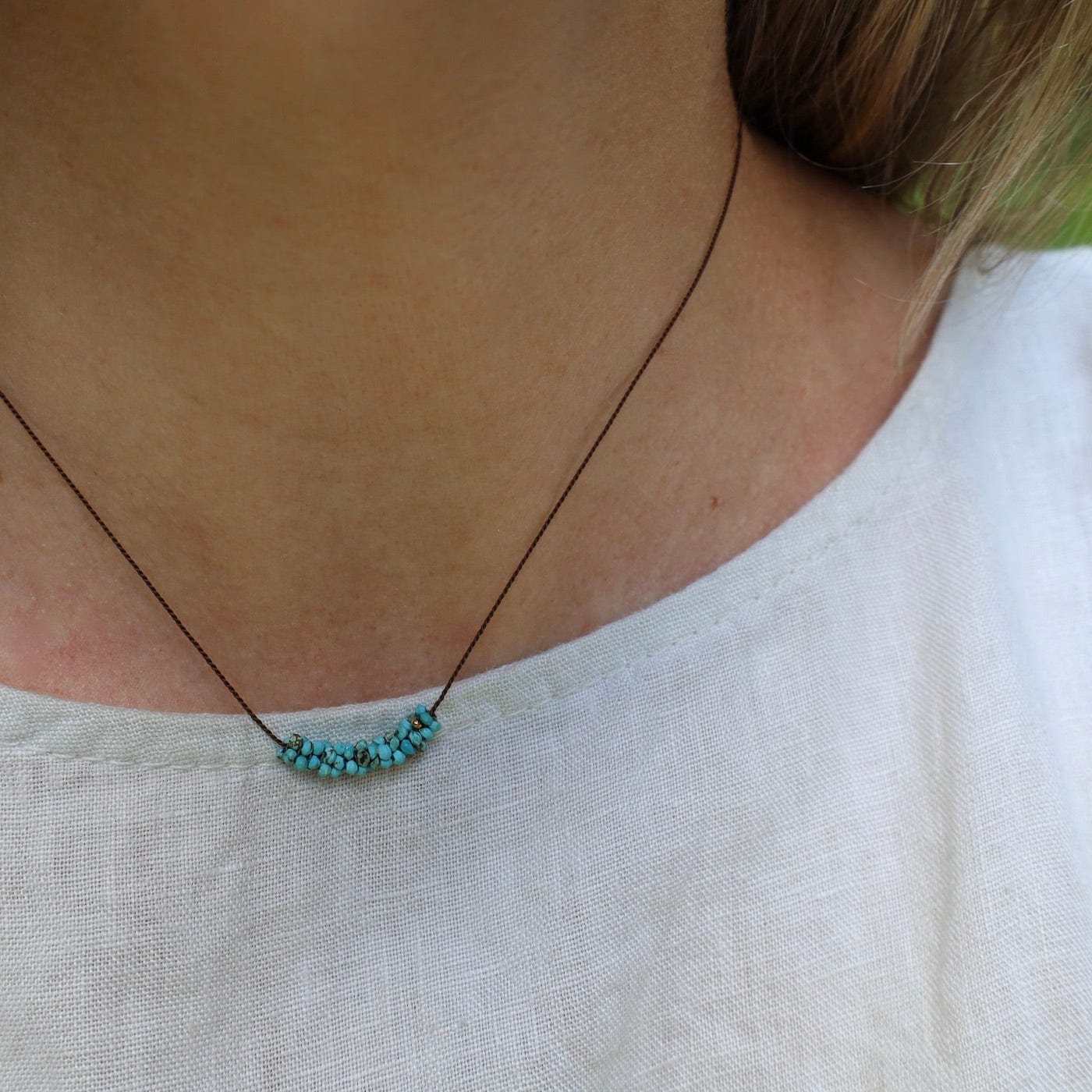 NKL-JM Hand Stitched Tiny Turquoise On Dark Brown Silk Cord Necklace