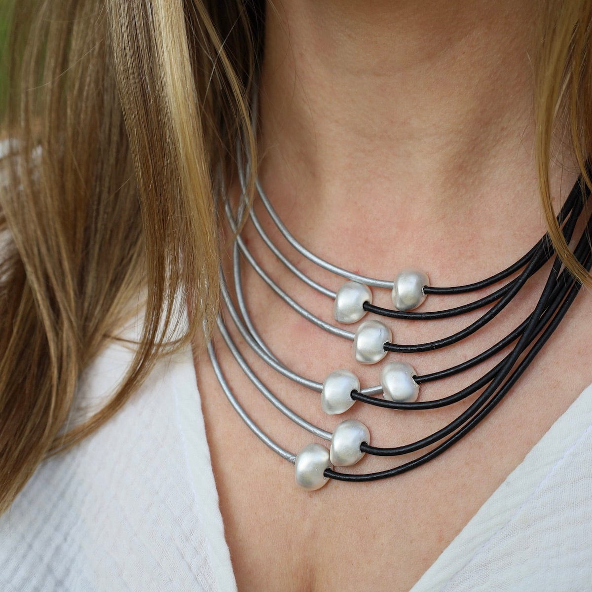 NKL-JM Matte Silver Beads on Black & Grey Leather Necklace