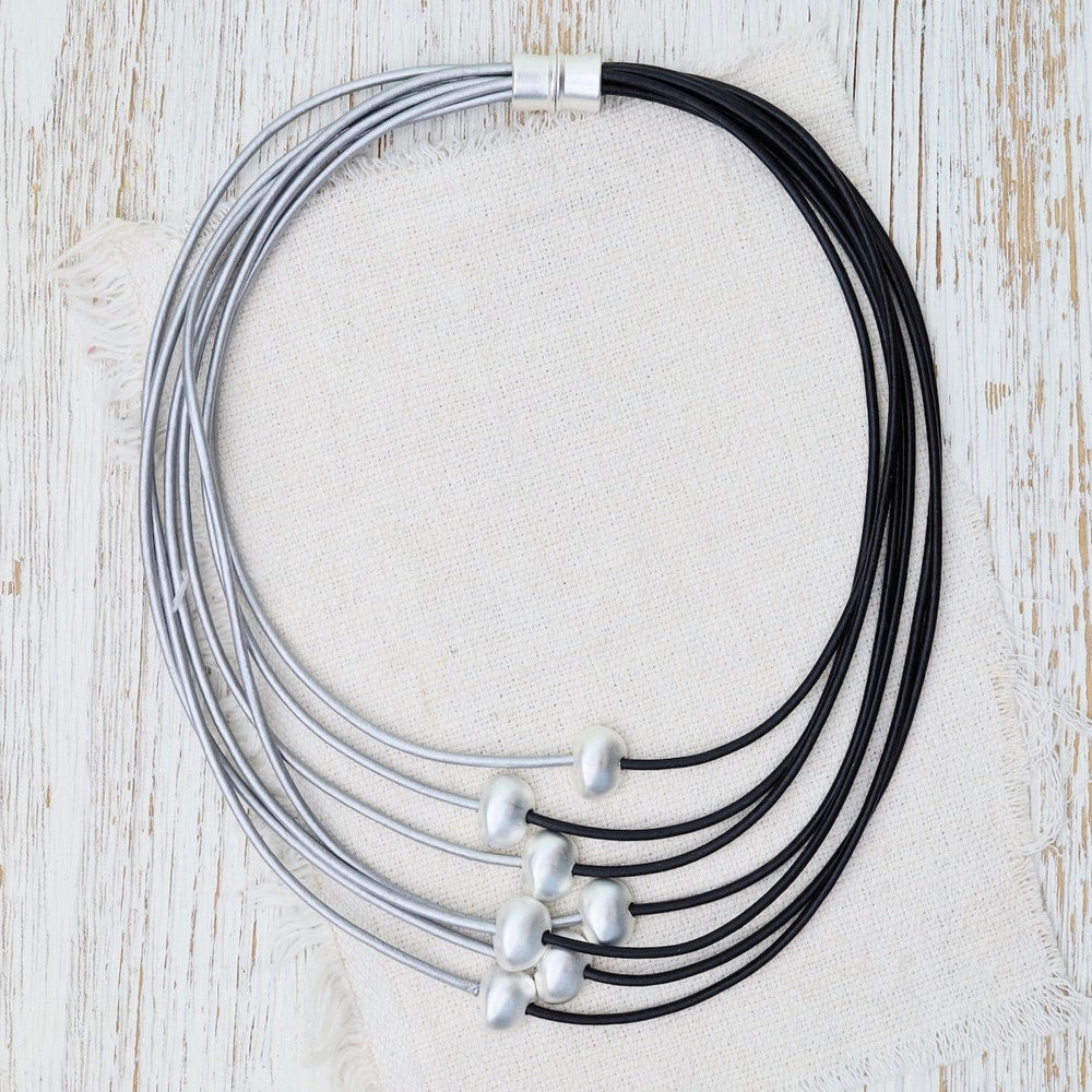 NKL-JM Matte Silver Beads on Black & Grey Leather Necklace