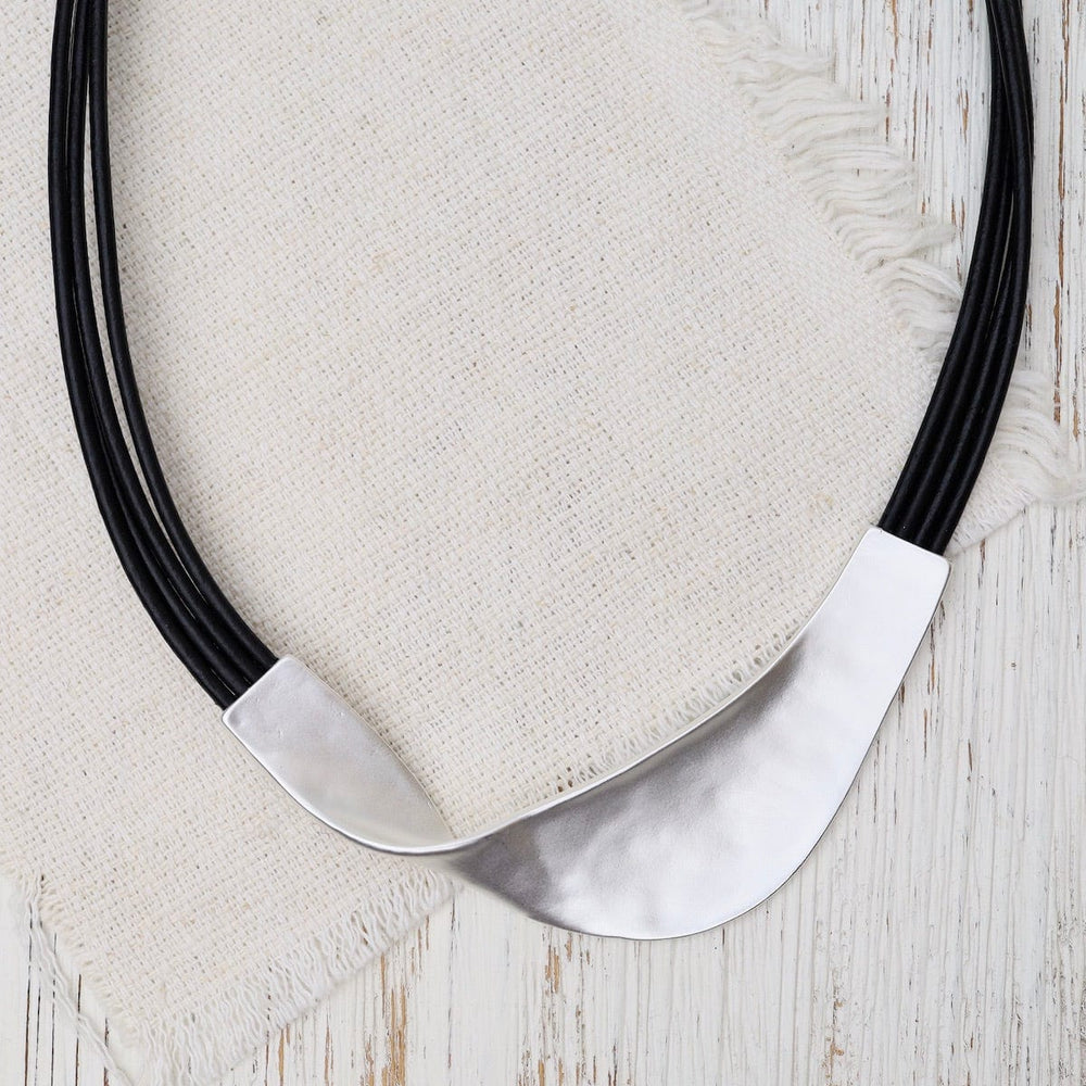 NKL-JM Matte Silver Black Leather Necklace