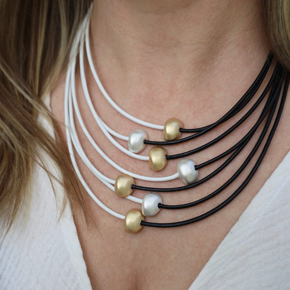 NKL-JM Matte Silver & Gold Beads on Black & White Leather Necklace