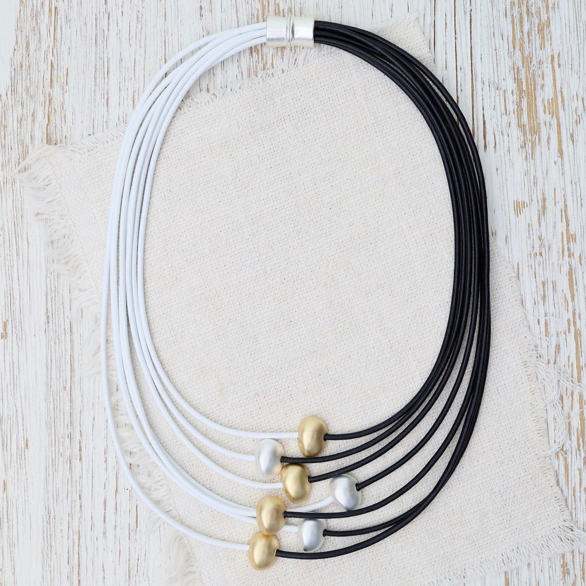 NKL-JM Matte Silver & Gold Beads on Black & White Leather Necklace