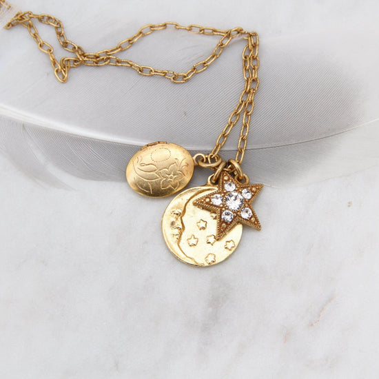 NKL-JM Moon, Star & Locket Charm Necklace - Gold Plate