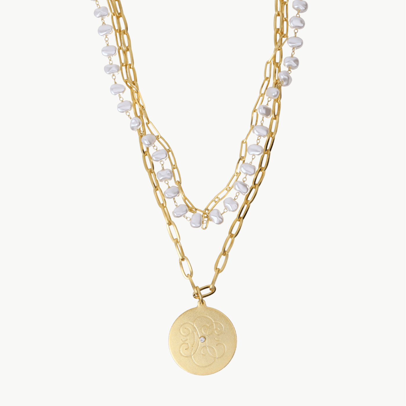 NKL-JM Multi Chain & Pearl with Scroll Pendant Necklace