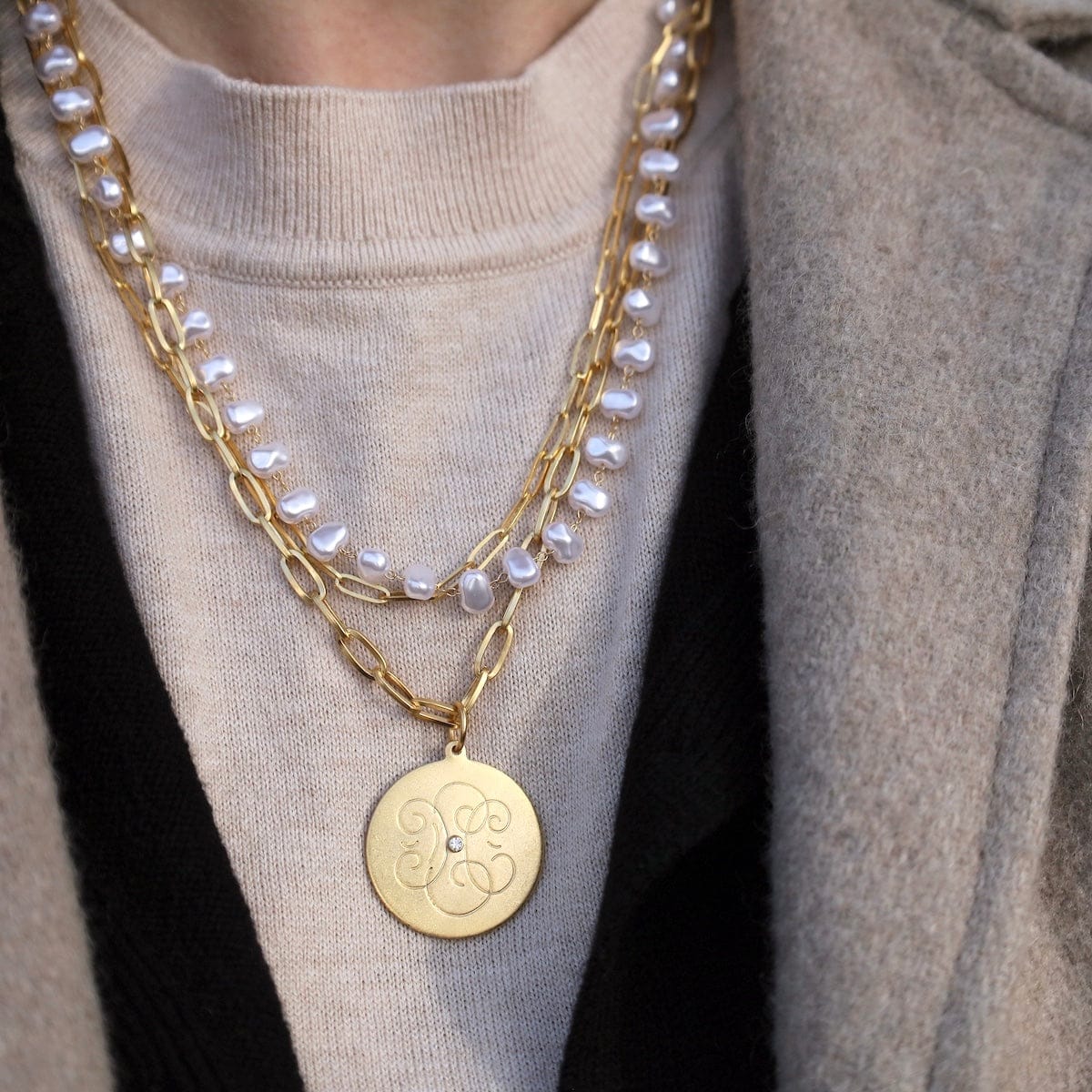 NKL-JM Multi Chain & Pearl with Scroll Pendant Necklace