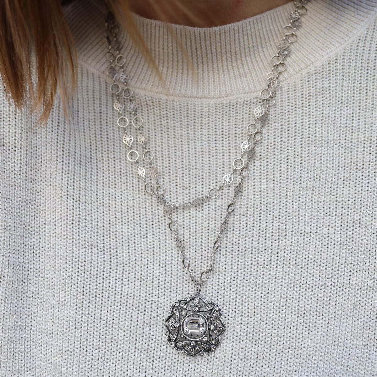 NKL-JM "Old Silver" Crystal Medallion Necklace
