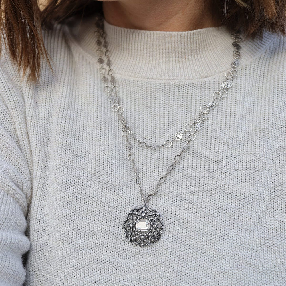 
                      
                        NKL-JM "Old Silver" Crystal Medallion Necklace
                      
                    