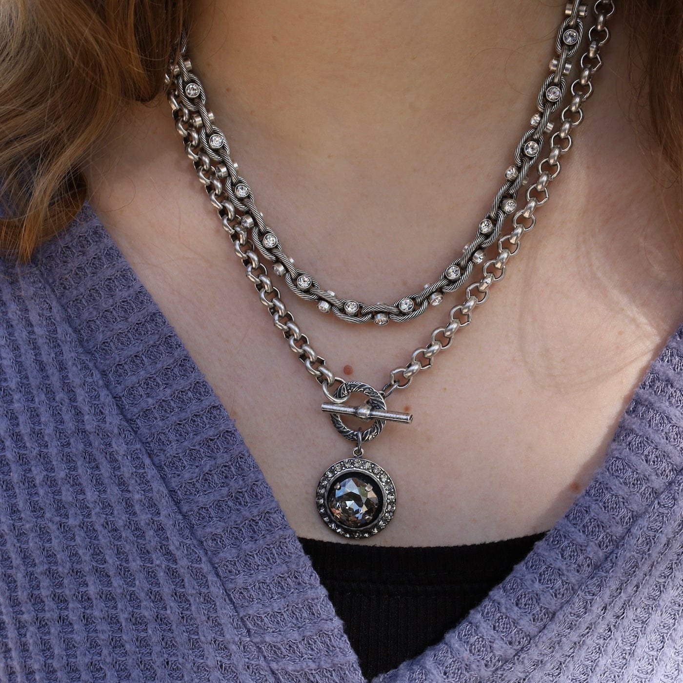 NKL-JM Old Silver Swarovski Crystal Barbell Chain Necklace