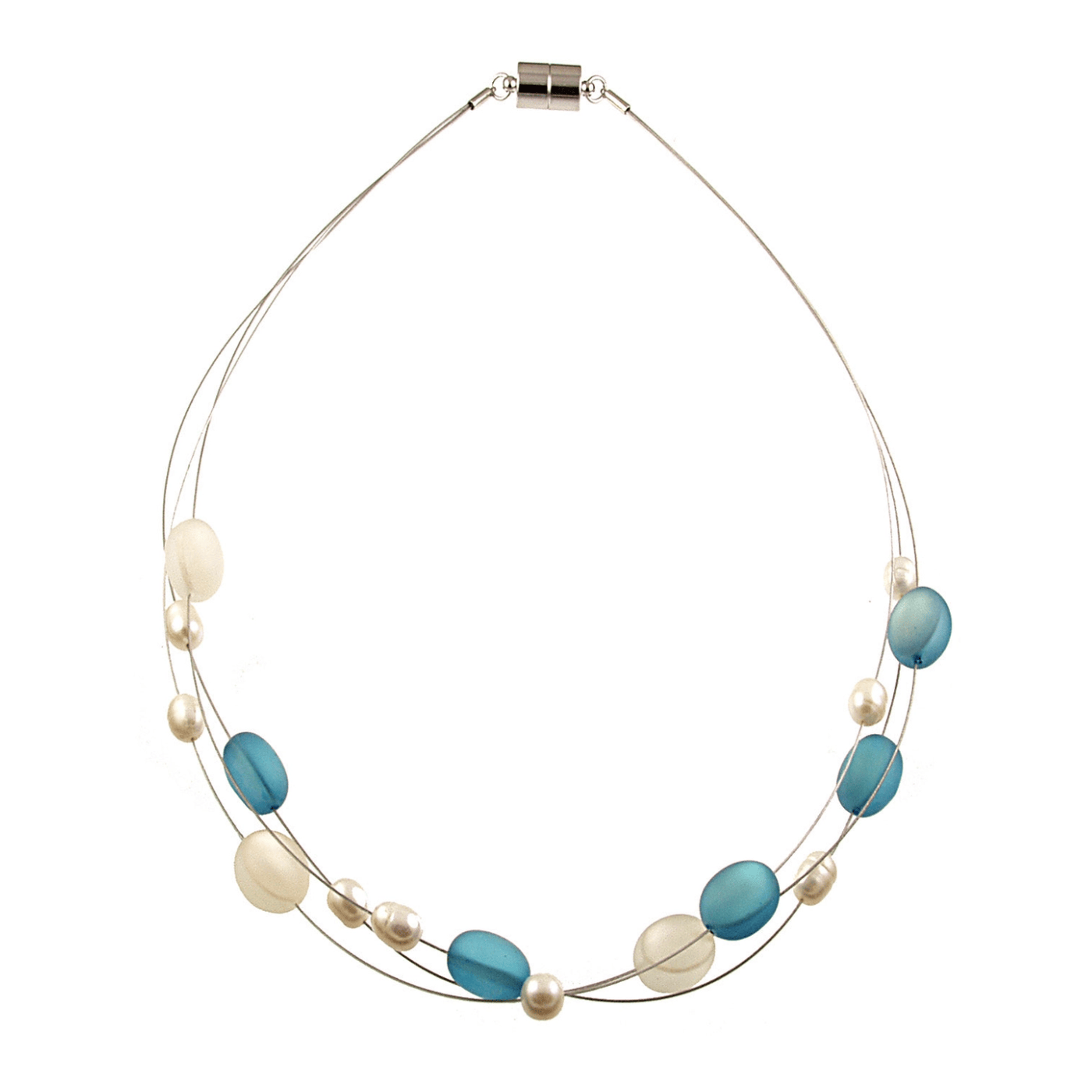 NKL-JM Pearl & Shell Bubbles 3 Strand Necklace Blue & White