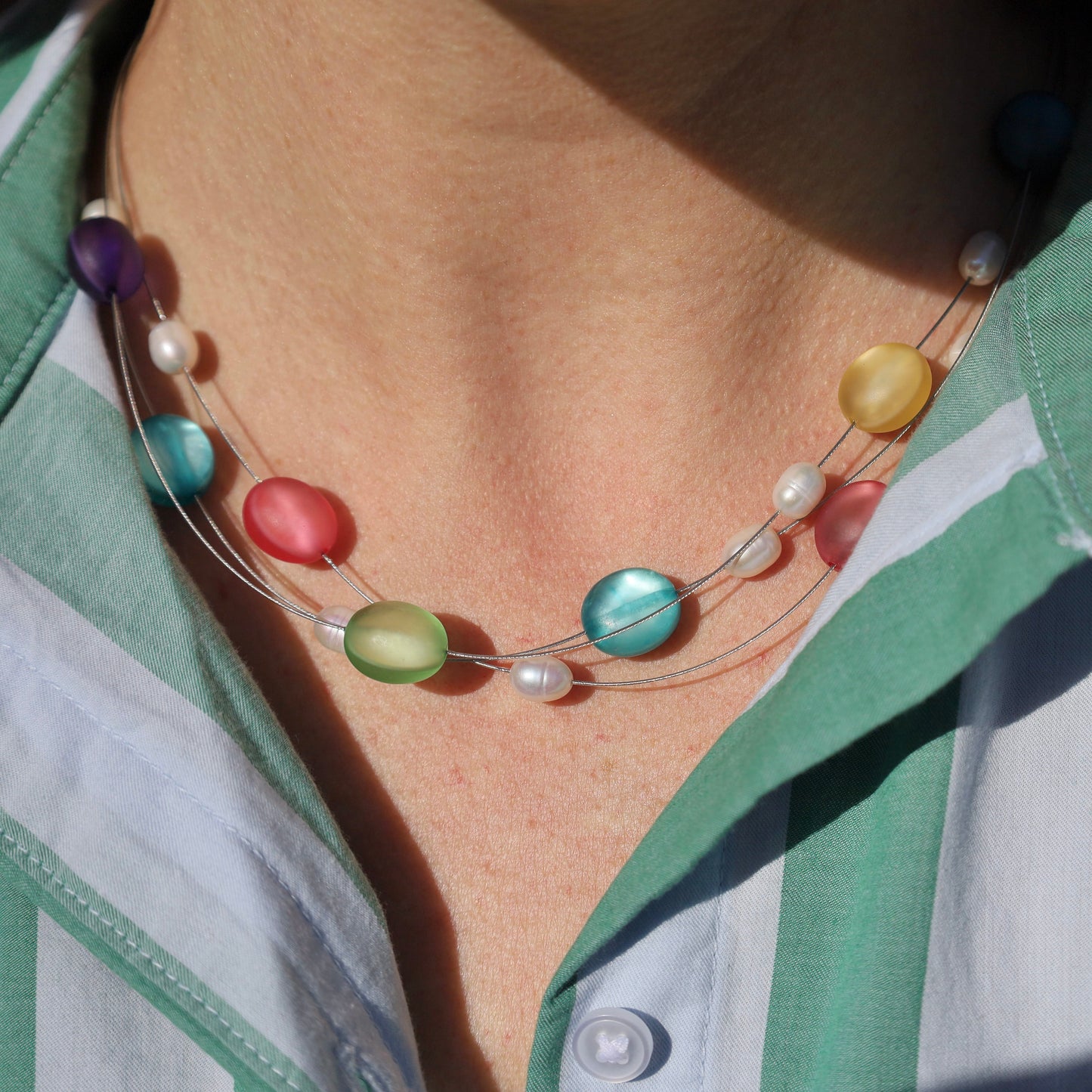 NKL-JM Pearl & Shell Bubbles 3 Strand Necklace Multi Pastel