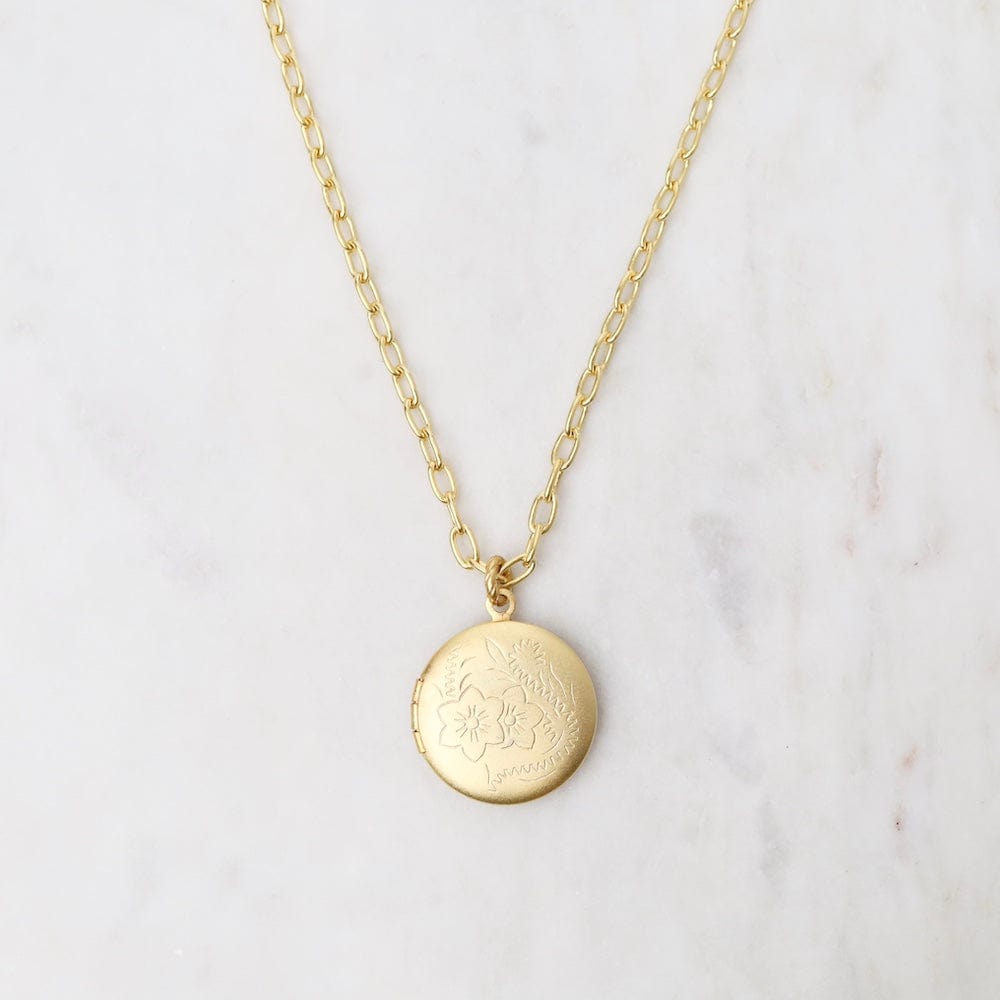 NKL-JM Round Floral Etched Locket Necklace