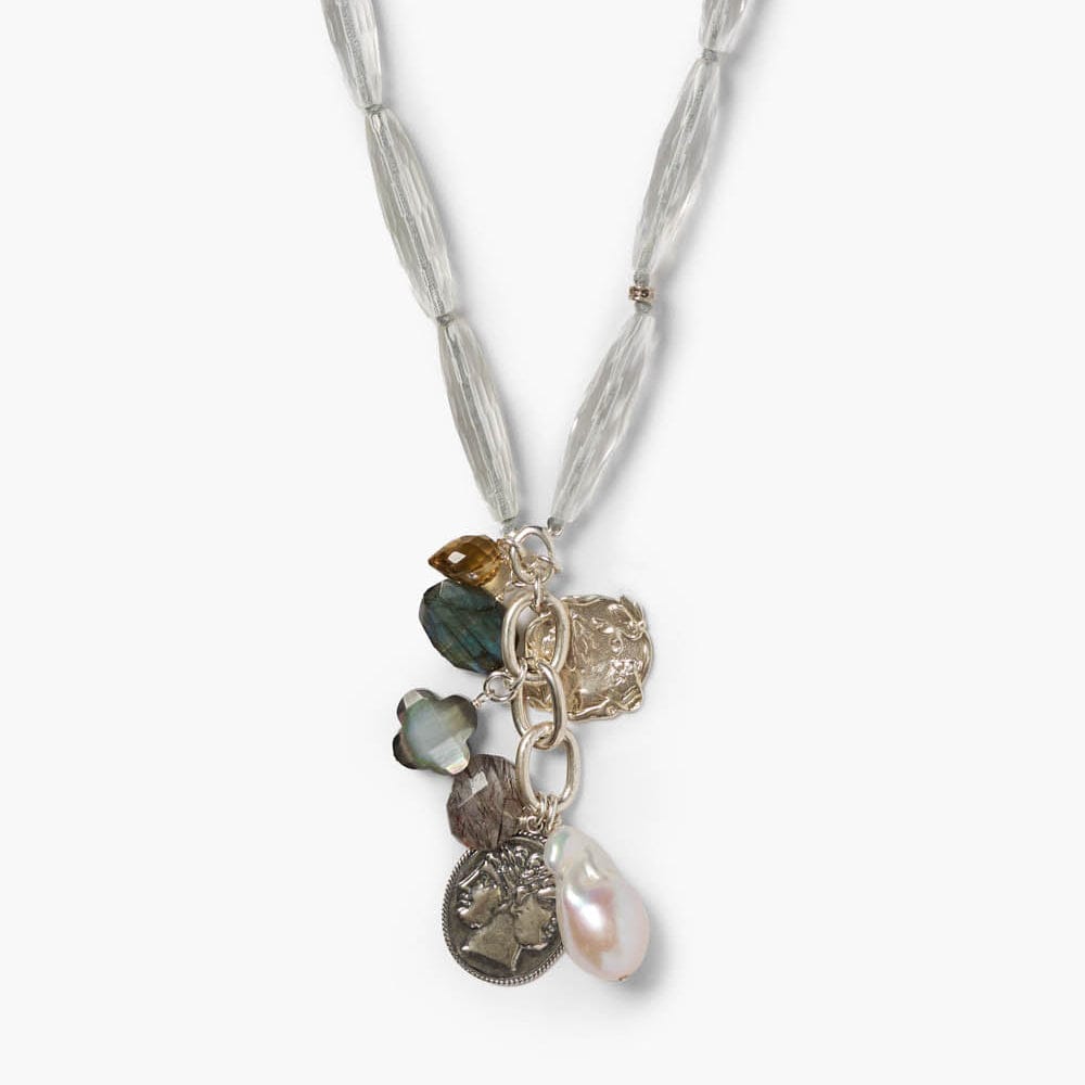 NKL-JM Silver Plated Brass Long Clear Quartz Charm Neckla